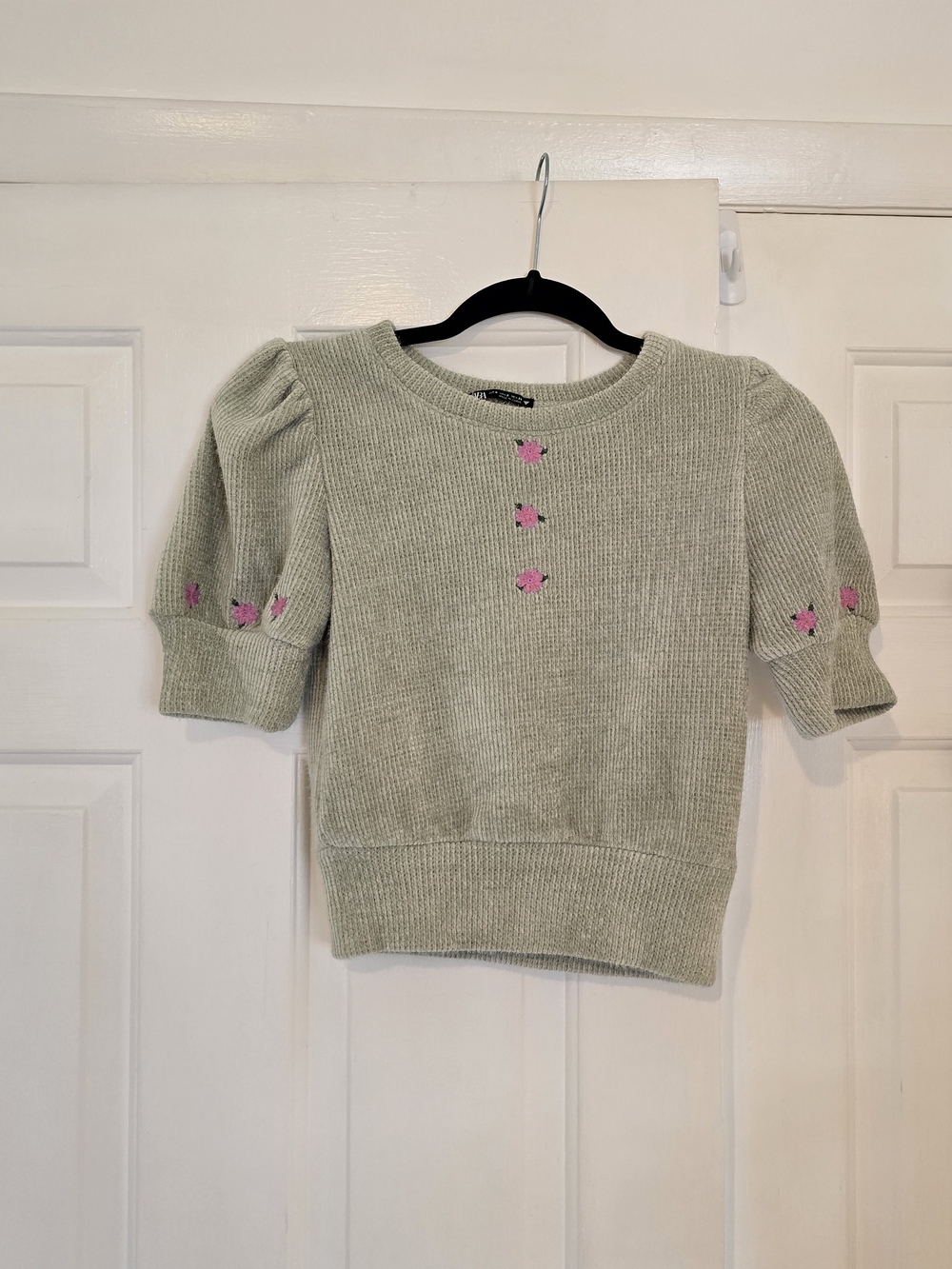Zara Light Sage Knit Sweater with Pink Floral Embroidery